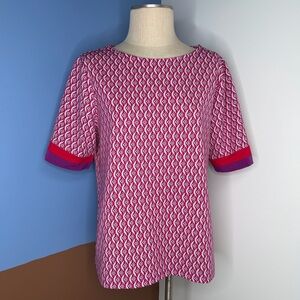 CHICOS Geo Color Block Trim Knit Top Maraschino Cherry Red Lavender Sz 2 Large